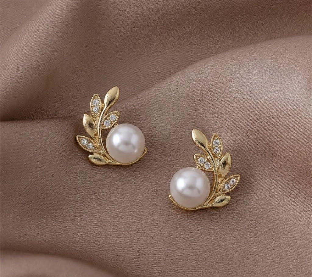 Gold Pearl Stud Earrings – Leaf Design with Crystal Accents | Elegant Minimal Jewelry for Women