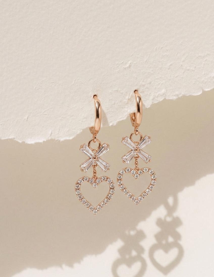 Heart Drop Hoop Earrings – Crystal Bow & Rhinestone Design | Elegant Rose Gold Dangle Earrings for Women