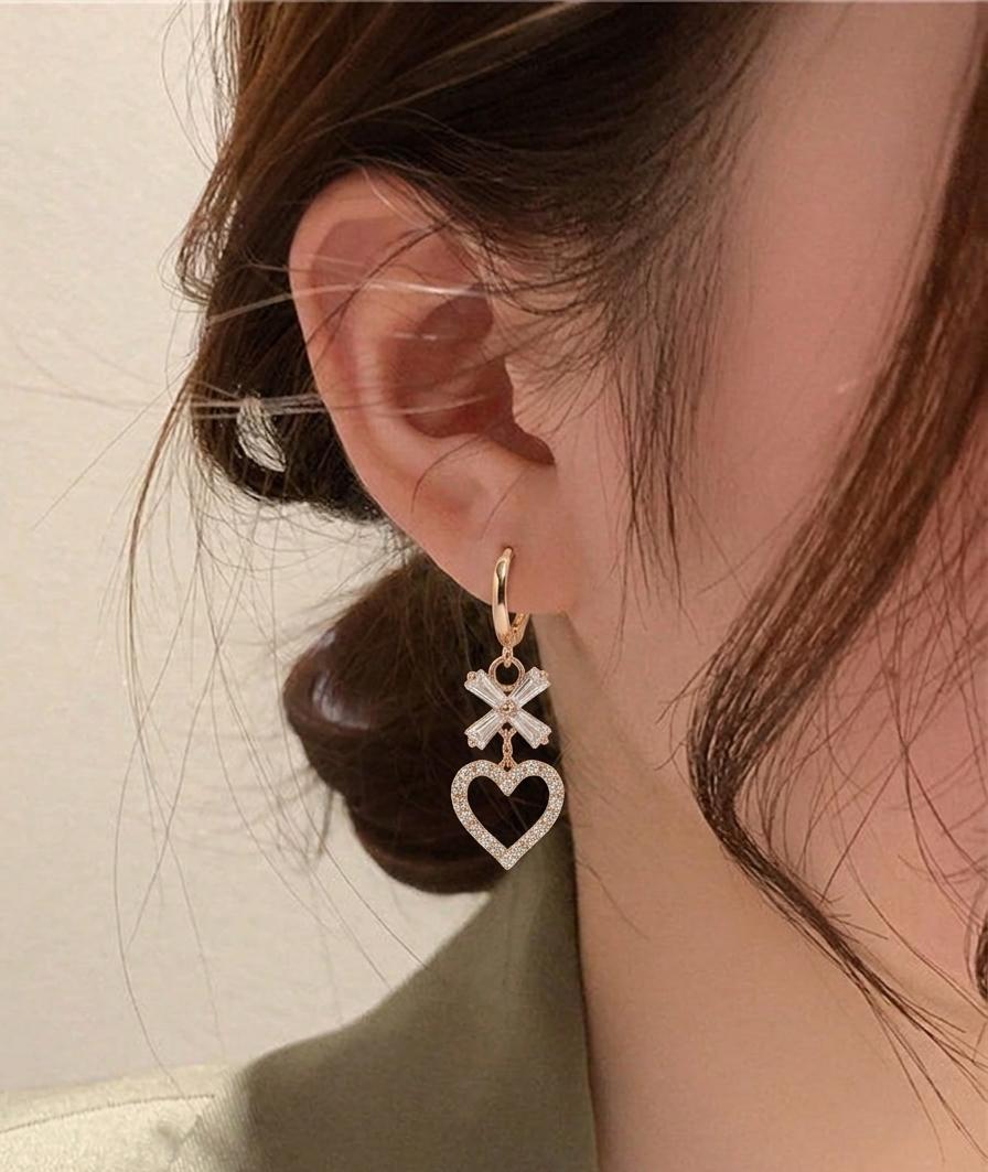 Heart Drop Hoop Earrings – Crystal Bow & Rhinestone Design | Elegant Rose Gold Dangle Earrings for Women