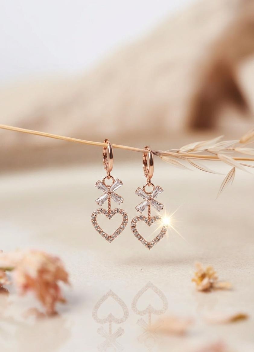Heart Drop Hoop Earrings – Crystal Bow & Rhinestone Design | Elegant Rose Gold Dangle Earrings for Women