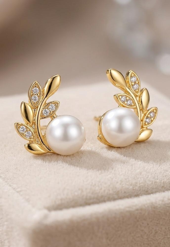 Gold Pearl Stud Earrings – Leaf Design with Crystal Accents | Elegant Minimal Jewelry for Women