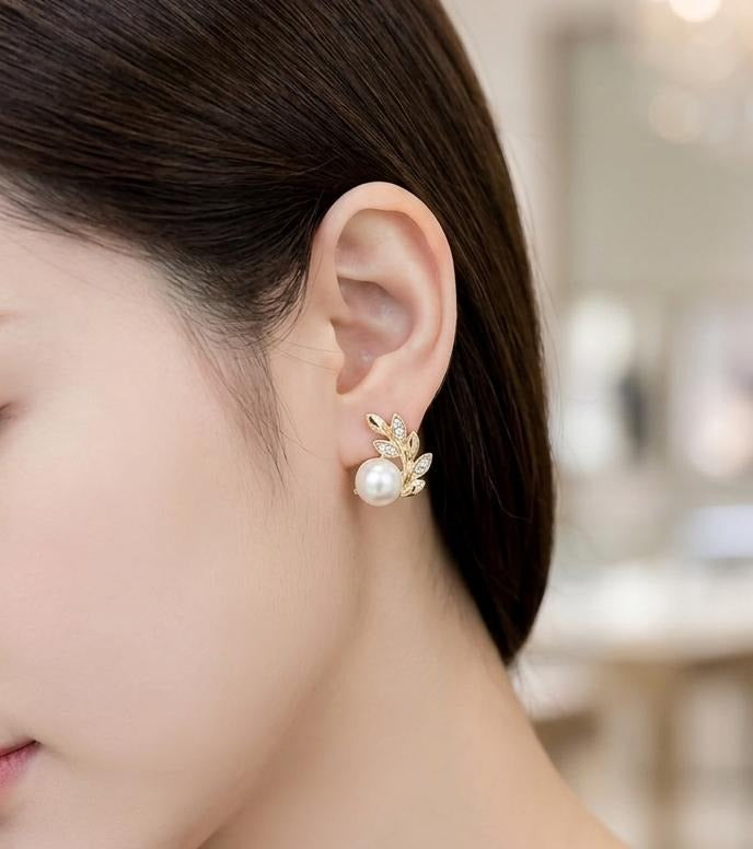 Gold Pearl Stud Earrings – Leaf Design with Crystal Accents | Elegant Minimal Jewelry for Women