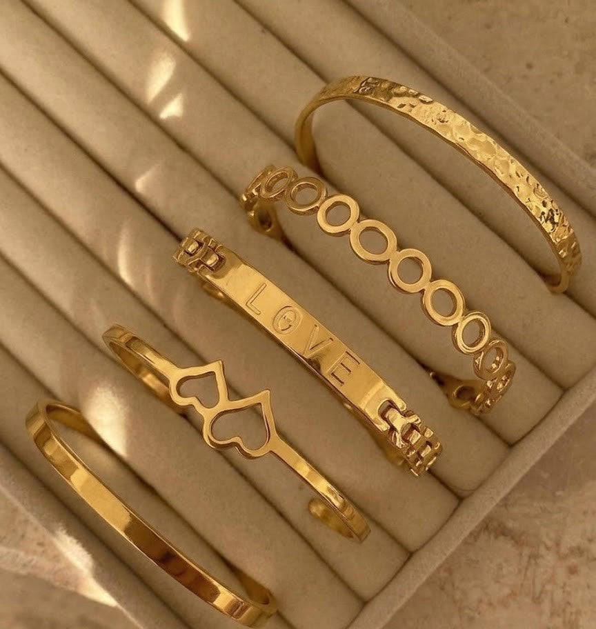 Anti-Tarnish Gold Bracelet Set (5 Pcs) for Women – Love Letter & Heart Cuff Stack | Minimalist Adjustable Bangle Jewelry