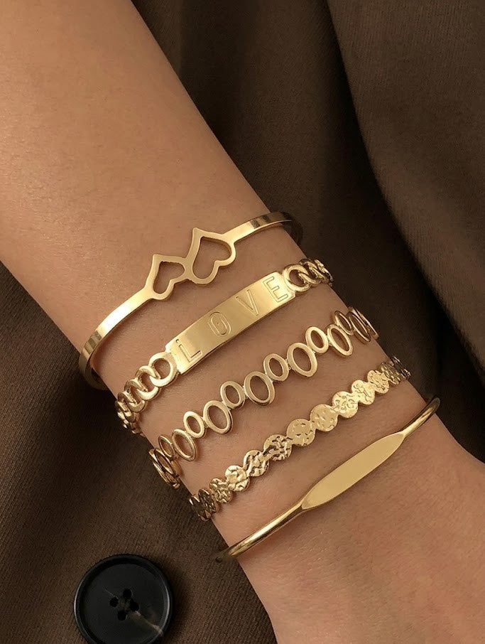 Anti-Tarnish Gold Bracelet Set (5 Pcs) for Women – Love Letter & Heart Cuff Stack | Minimalist Adjustable Bangle Jewelry
