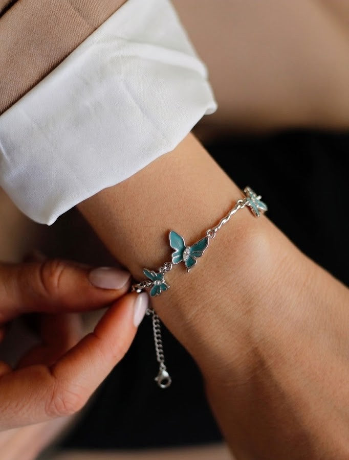 Butterfly Charm Bracelet – Blue Enamel Crystal Design | Adjustable Silver Chain Jewelry for Women